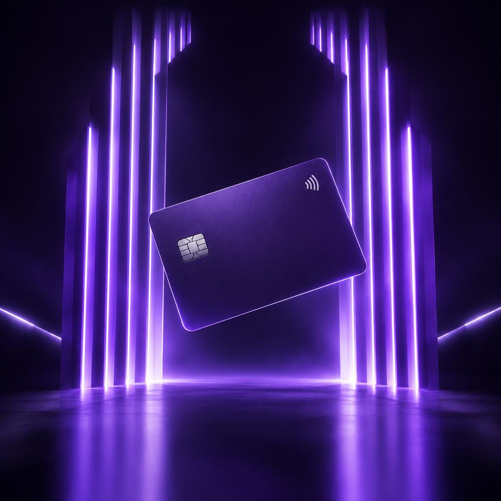 A credit card passing through a glowing violet gateway